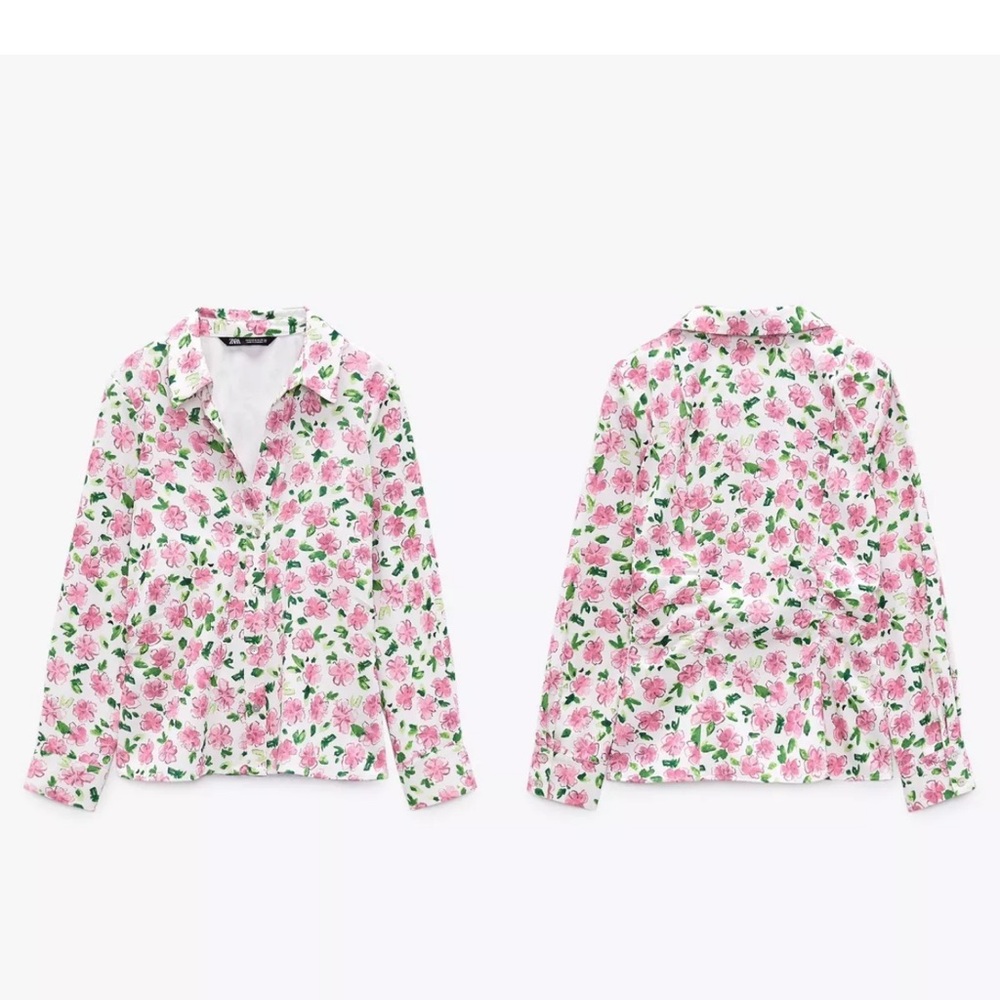Zara Pink Floral Ruched Shirt -XS